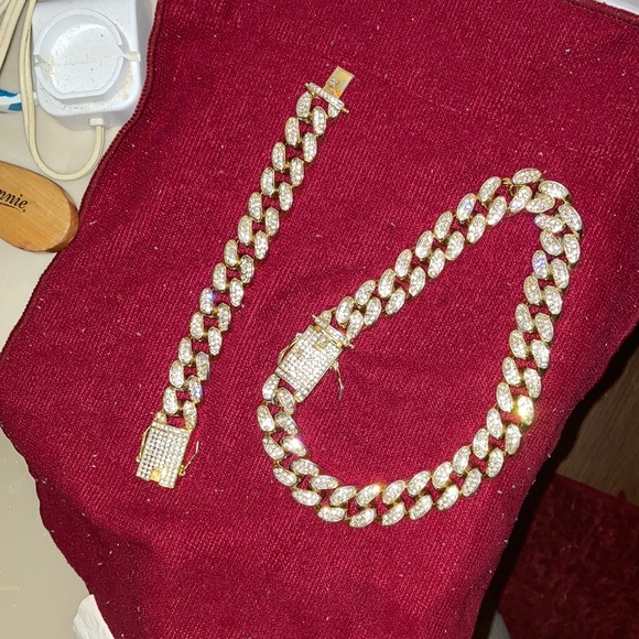 Iced out gold cuban chain and bracelet